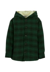 Zielono-czarna kurtka w kratę z kapturem, z miękką kremową podszewką, zapięcie na guziki z przodu oraz długimi rękawami.