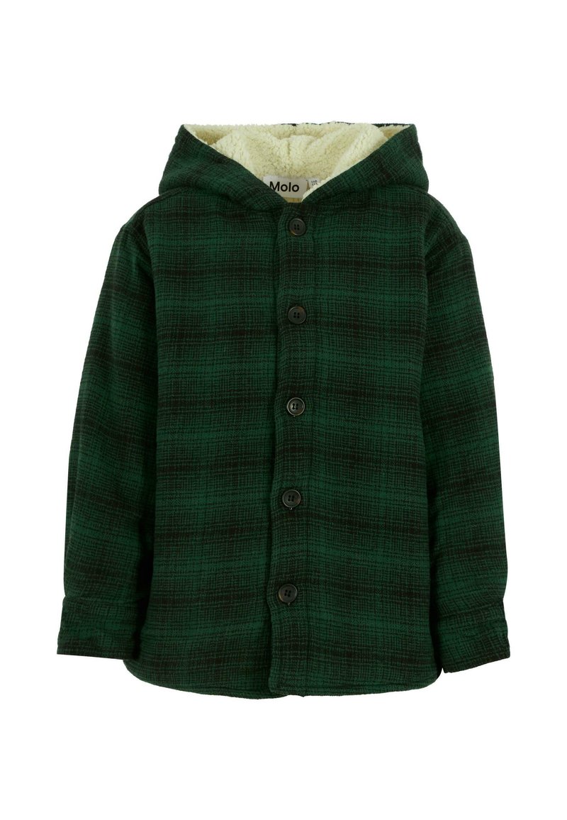 Zielono-czarna kurtka w kratę z kapturem, z miękką kremową podszewką, zapięcie na guziki z przodu oraz długimi rękawami.