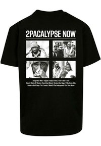 Black t-shirt featuring a graphic design with six black-and-white images, text above reading "2PACALYPSE NOW," and song titles listed below.