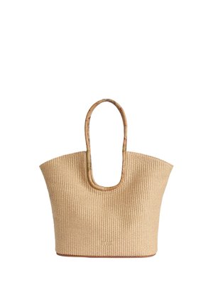 Borsa tote beige intrecciata con forma strutturata e manici corti e arrotondati rivestiti in materiale marrone chiaro decorato.