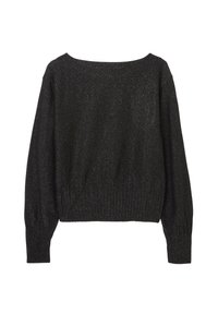 Svart, glittrig tröja med vid halsringning och ribbad nederkant. Har långa ärmar och en något kortad passform. Mjuk textur.