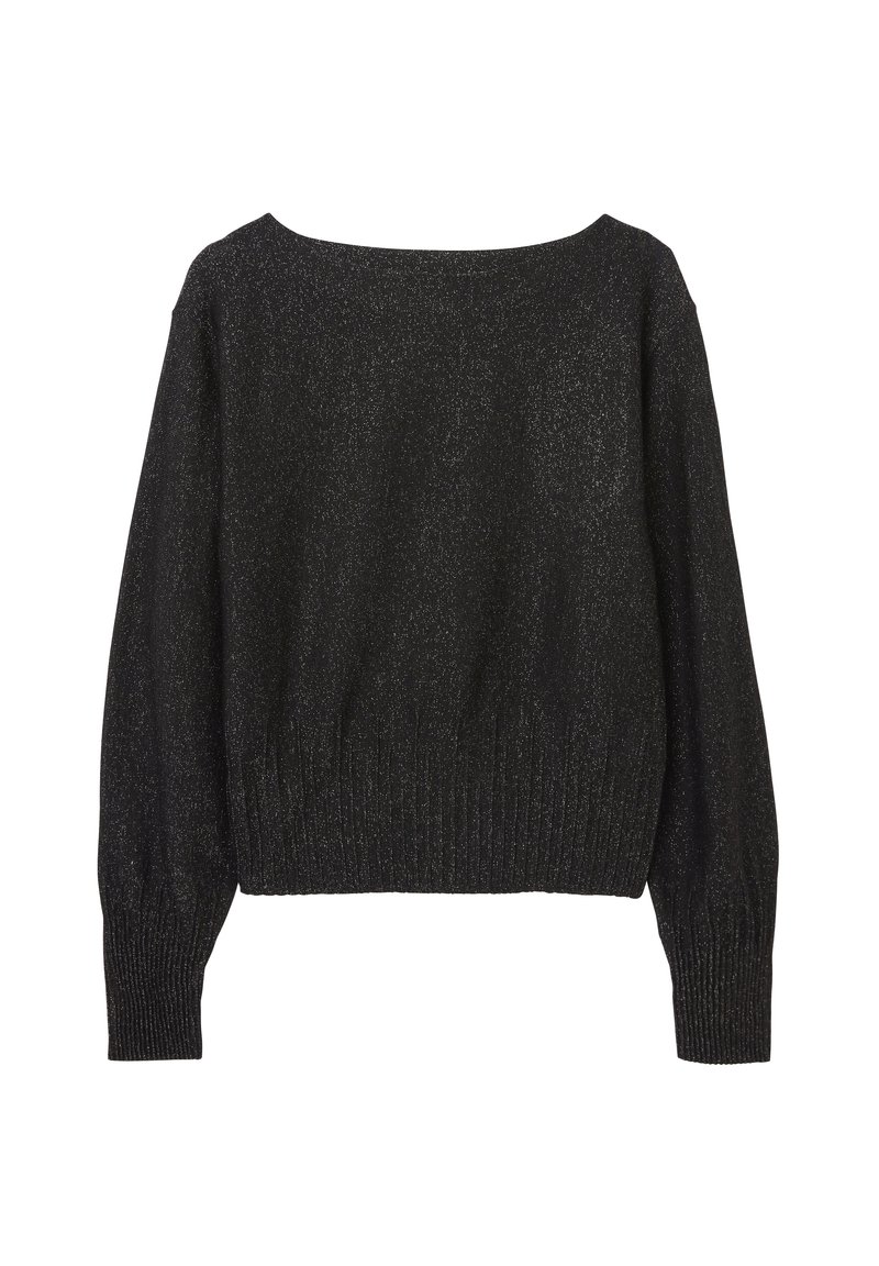 Svart, glittrig tröja med vid halsringning och ribbad nederkant. Har långa ärmar och en något kortad passform. Mjuk textur.