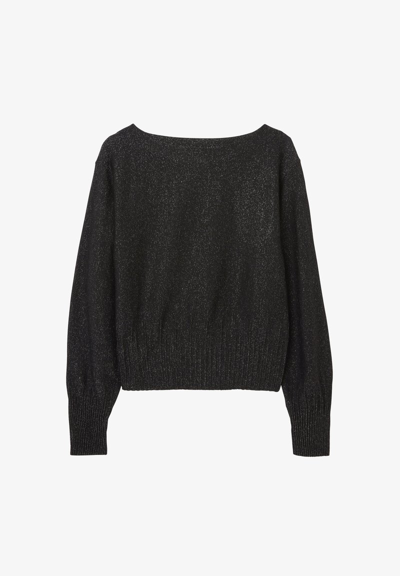 Svart, glittrig tröja med vid halsringning och ribbad nederkant. Har långa ärmar och en något kortad passform. Mjuk textur.