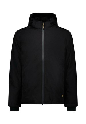 Veste d'hiver noire à capuche avec fermeture éclair à l'avant et manches longues, avec un petit logo jaune près de l'ourlet inférieur sur fond blanc.