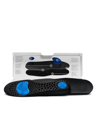 Black insoles with blue circular accents, featuring a textured surface and ventilation holes for breathability. Packaged in a white box.