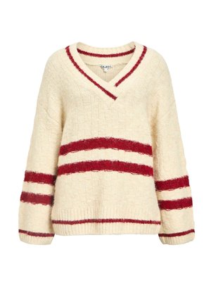 Suéter de punto color crema con escote en V, que presenta franjas rojas en el pecho y las mangas. Textura suave con puños y dobladillo acanalados.