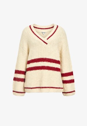 Crème-kleurige gebreide trui met een V-hals, met rode strepen over de borst en mouwen. Zachte textuur met geribde manchetten en zoom.
