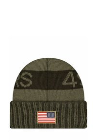Olive green knit beanie with a folded cuff, featuring a striped pattern and an embroidered American flag patch.