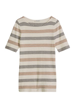 Chemise crème à manches courtes avec de fines rayures horizontales noires et marron alternées, encolure ronde et coupe slim.