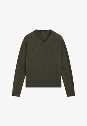Donkergroene V-hals trui met lange mouwen, geribbelde manchetten en zoom, plat liggend op een witte achtergrond.