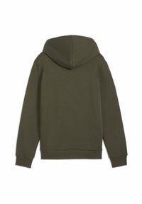 Sudadera con capucha de color verde oscuro y una textura suave, con puños y dobladillo acanalados, y un diseño simple sin logotipos ni patrones.
