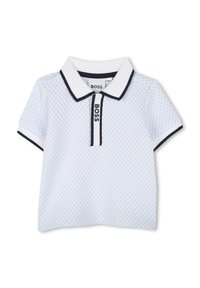 Polo shirt azzurro chiaro con un motivo testurizzato, colletto bianco e bordatura blu navy. Presenta una patta con marchio e cuciture a contrasto. Maniche corte.