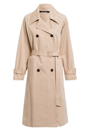 Beige Trenchcoat aus glattem Stoff, mit einem doppeltknöpfigen Design, schwarzen Knöpfen, einem Gürtel und verstellbaren Manschettenriegeln.