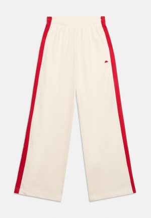 Kremfargede vide bukser med elastisk midjebånd og røde sidestriper, med en liten rød logo på venstre lår.