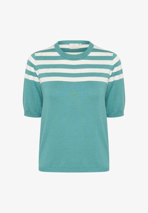 Tengerkék, rövid ujjú, testhezálló felső, fehér vízszintes csíkokkal. Kerek nyakú, puha anyagú, bordázott mandzsettával. Tiszta, minimalista dizájn.