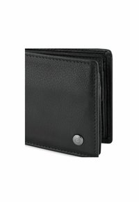 Black leather wallet with textured surface, bi-fold design, gray metal hardware detail, and visible stitching along the edges.