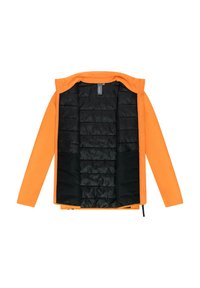 Giacca arancione con interno imbottito nero, dotata di zip frontale e polsini elastici. Foderata con tessuto trapuntato per mantenere il calore.