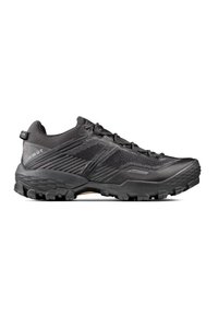 Schwarzer Trailrunningschuh mit einem atmungsaktiven Mesh-Obermaterial, verstärktem Zehenkappe, strukturierten Oberflächen und einer robusten Gummisohle mit Grip-Mustern.