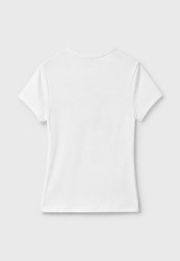 Plain white short-sleeve T-shirt shown from the back with a round neckline and a fitted cut on a light gray background.
