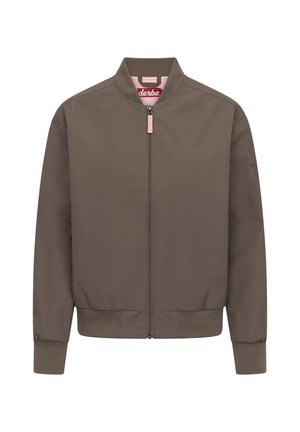 Braune Bomberjacke mit Frontreißverschluss, gerippten Bündchen und Saum und kleinem rosa Reißverschluss-Zipper.