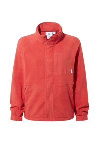 Red fleece jacket with a high collar, snap buttons, and a chest pocket. Features a smooth texture and side pockets. Stylish yet functional design.