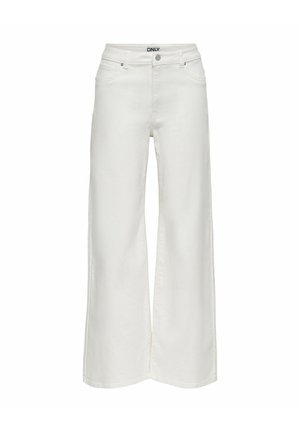 Hvide højtsiddende jeans med vide ben, forreste knapper, lommer, bæltestropper og "ONLY" mærkat indeni linningen.