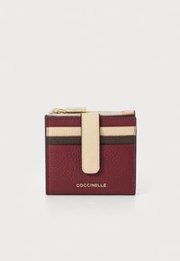 Small textured leather wallet in burgundy, beige, and brown with a front snap strap and gold zipper on top.