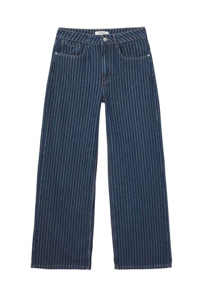Jean à jambes larges en denim bleu foncé avec des rayures blanches verticales. Comporte cinq poches, des passants pour ceinture et une fermeture par bouton.