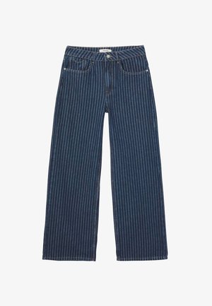 Jean à jambes larges en denim bleu foncé avec des rayures blanches verticales. Comporte cinq poches, des passants pour ceinture et une fermeture par bouton.