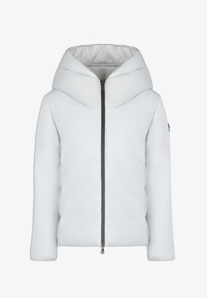 White padded jacket with a high, structured hood, front zipper, and side pockets; smooth texture and minimalist design.