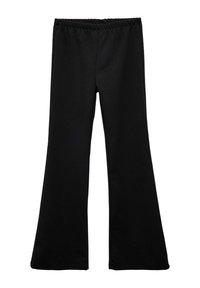 Pantalons évasés noirs en matériau lisse et extensible avec une taille élastique. Présente un design simple sans motifs visibles ni éléments métalliques.
