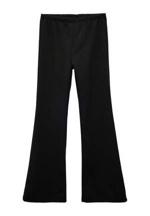 Pantalons évasés noirs en matériau lisse et extensible avec une taille élastique. Présente un design simple sans motifs visibles ni éléments métalliques.