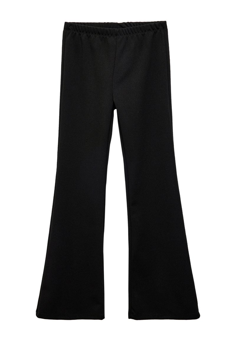 Black flared pants made from a smooth, stretchy material with an elastic waistband. Features a simple design and no visible patterns or hardware.