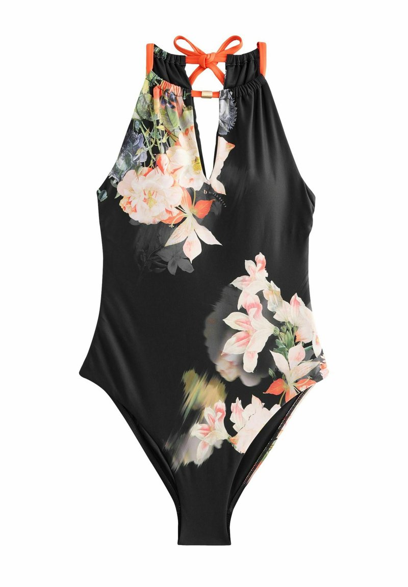 Viengabala peldkostīms melnā audumā ar dzīvīgu ziedu rakstu. Tam ir kakla siksna ar oranžiem akcentiem un atvērums priekšpusē.