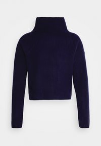 Donkerblauwe cropped trui met een hoge hals, geribbelde textuur en lange mouwen. Heeft een losse pasvorm en subtiele schoudernaden.