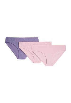 Trzy pary bawełnianych majtek typu bikini: jedna w jednolitym jasnoróżowym kolorze, jedna w jednolitym fioletowym kolorze oraz jedna jasnoróżowa w małe kropki. Gładka textura i elastyczny pasek w talii.