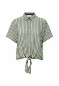 Groene short-sleeve blouse met witte verticale strepen, met een gestrikt onderkant en een klassieke kraag. Gemaakt van een gestructureerde stof.