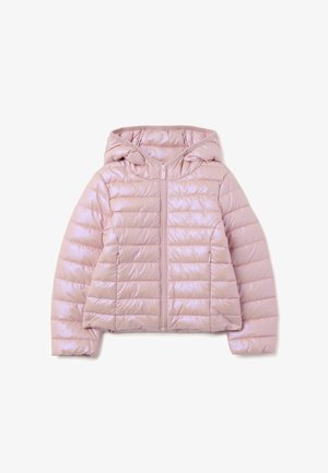 Light pink padded jacket with a hood, featuring a zip front, horizontal stitching, and a smooth, shiny texture.