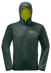 Veste softshell verte avec fermeture éclair devant, capuche ajustable et doublure intérieure jaune contrastante, dotée de poches latérales et d'un détail logo.