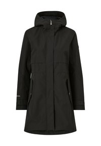 Giacca nera impermeabile con cappuccio, chiusura frontale con zip, due tasche laterali e polsini regolabili. Presenta una texture liscia e opaca.