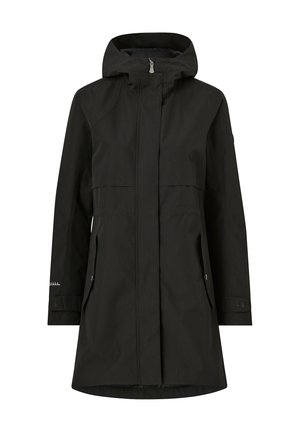 Schwarze wasserdichte Jacke mit Kapuze, Frontreißverschluss, zwei Seitentaschen und verstellbaren Bündchen. Besitzt eine glatte, matte Textur.