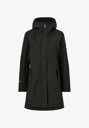 Schwarze wasserdichte Jacke mit Kapuze, Frontreißverschluss, zwei Seitentaschen und verstellbaren Bündchen. Besitzt eine glatte, matte Textur.