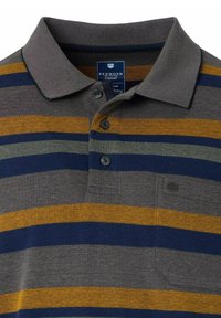 Polo skjorte i grå med vandrette striber i blå, gul og grøn. Med kravehals og tre-knap lukning.