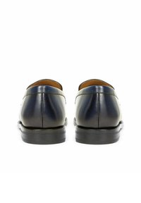 Dark blue leather shoes with a sleek design, rounded toe, smooth texture, and subtle stitching detail along the top edge and sole.