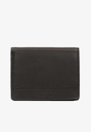 Black leather wallet with a smooth texture, rectangular shape, and stitched accents. Features a subtle logo on the front.