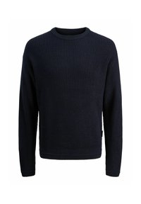 Marineblau gestrickter Pullover mit einer gerippten Textur, Rundhalsausschnitt und langen Ärmeln; verfügt über einen geraden Saum und ein minimalistisches Design.