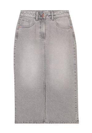 Jupe crayon en denim gris clair, avec une taille haute, des poches avant et une couture centrale, dotée d'une fermeture à bouton et d'une texture usée.