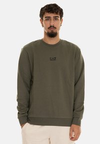 Felpa verde oliva con maniche lunghe, colletto rotondo e un piccolo logo EA7 nero sul petto. Realizzata in morbido materiale misto cotone.