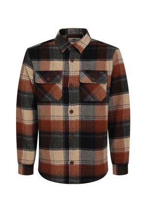 Camicia di flanella a quadri con colori marrone, beige e blu navy. Include due tasche sul petto e chiusura con bottoni. Maniche lunghe con polsini.