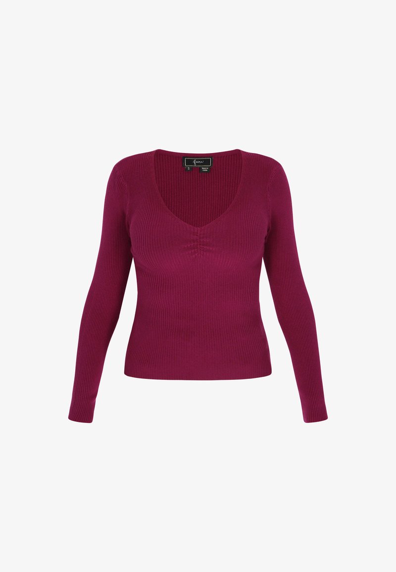 Pulover ajustat, cu mânecă lungă, dintr-un material ribat. Decolteu adânc în V, de culoare magenta vibrantă, cu design fără cusături și fără alte embellishments.